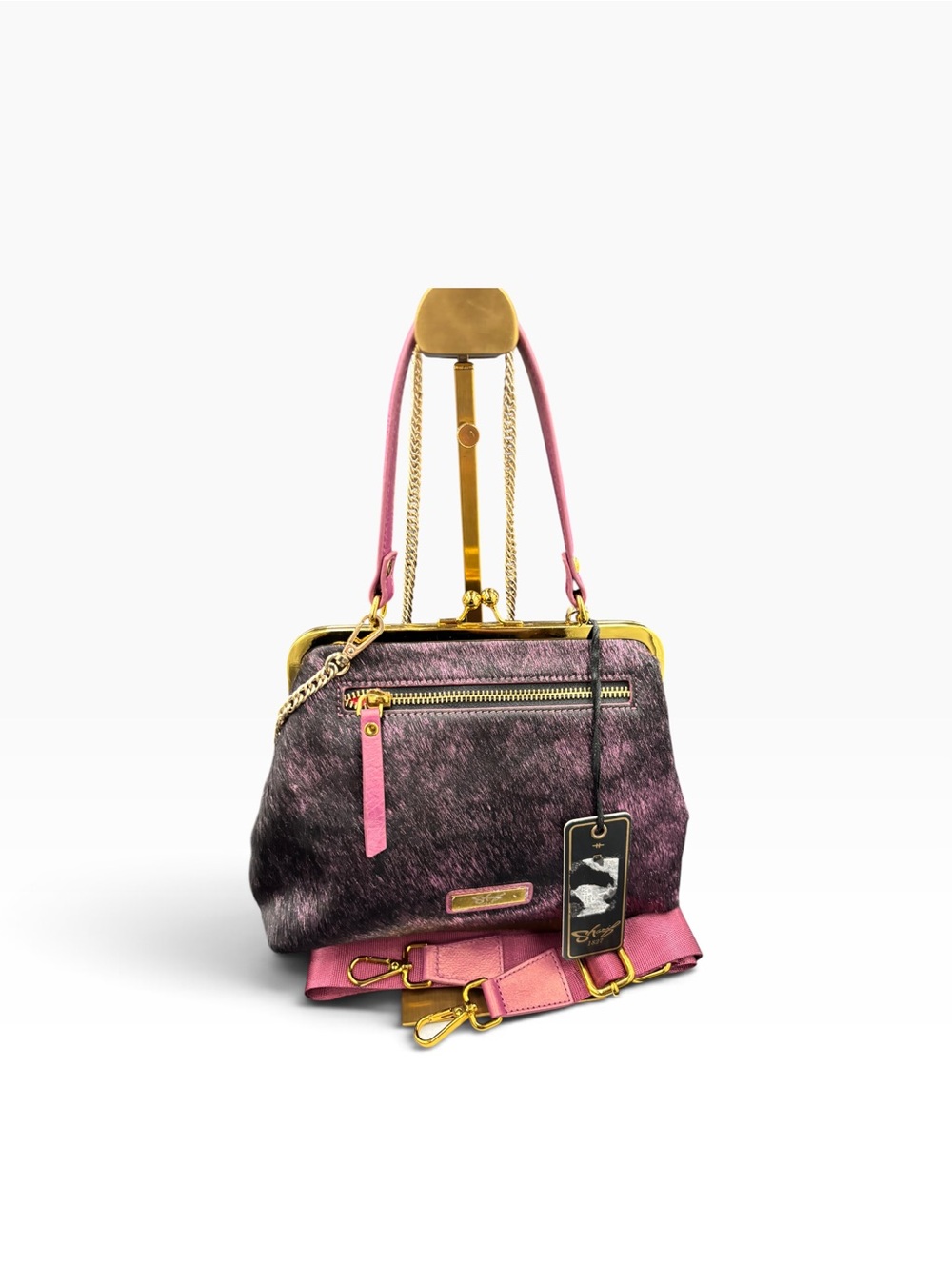 Sharif 1827 Purple Haircalf Kiss Lock Satchel Crossbody Bag Pink Gold - Picture 6 of 7